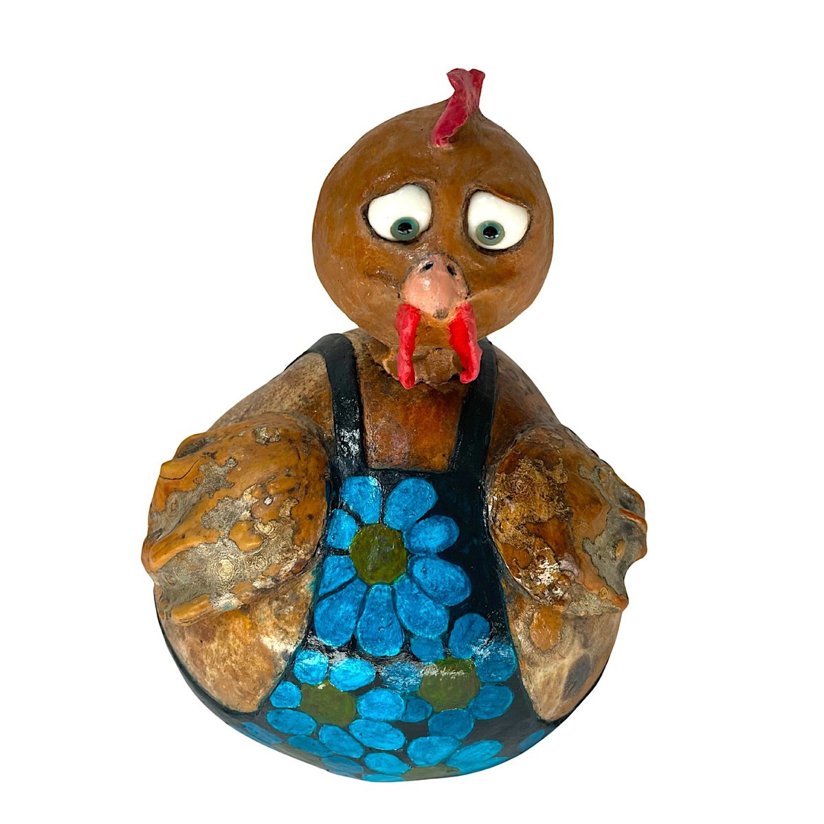 Expressive Animal Wood Sculpture By Eleanor Gabriel, 7 X 8, The Hen With The Blue Daisies, Original Artwork