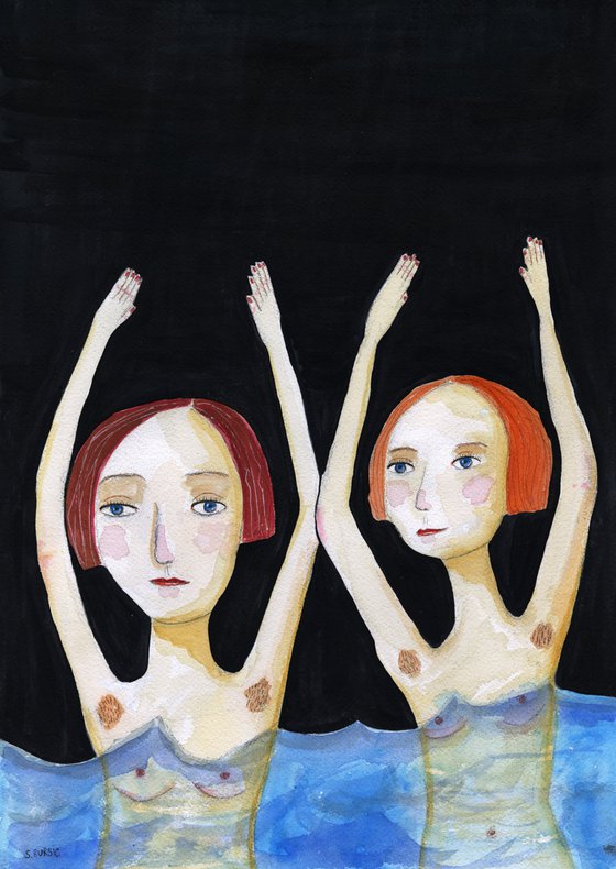 Swimming Girls 1 - cold wild swimming - whimsical artwork best friends