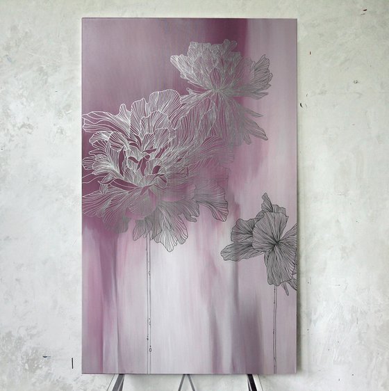 "Pink Thinness 2" Silver flowers abstract art