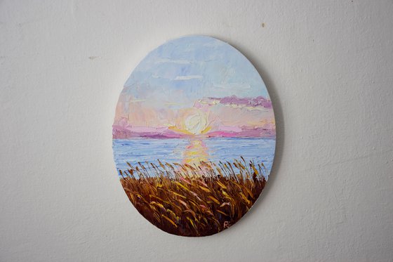 Landscape oval oil painting, sunset seascape wall art, calming decor