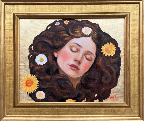 Dream of Flowers: Gold leaf oil portrait with frame.