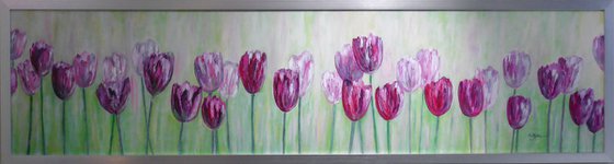 Tulips in the garden - minimalist painting framed