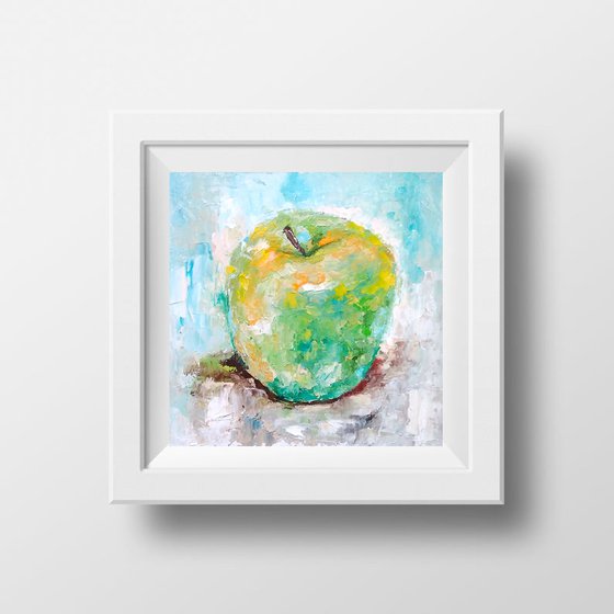 Green Apple Painting Original Art Fruit Still Life Wall Art Kitchen Artwork