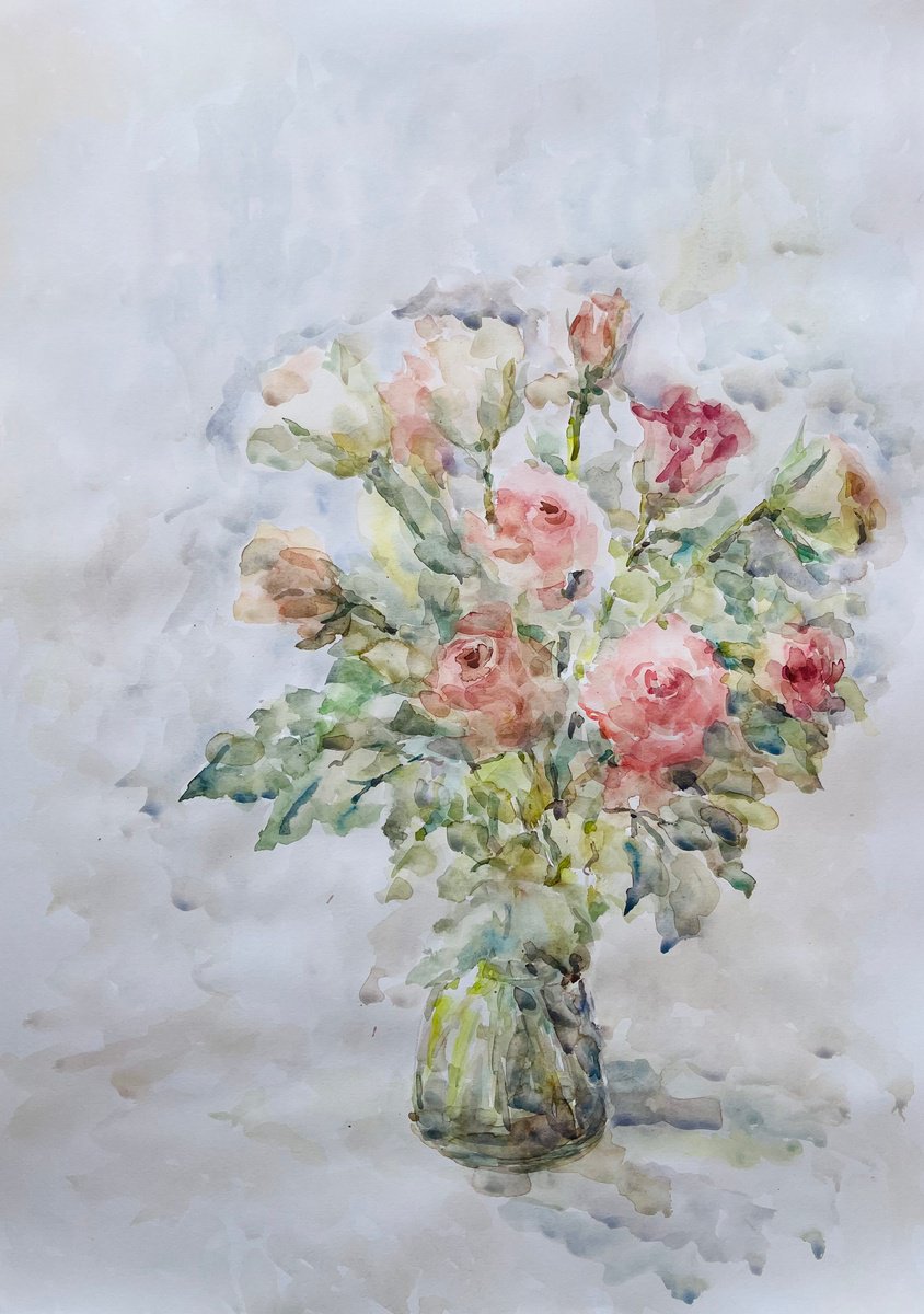 Impressionistic Watercolour , Roses In Vase 19,7X27,5 In. By Elena Klyan, 20 X 28, Artwork For Sale On Artfinder