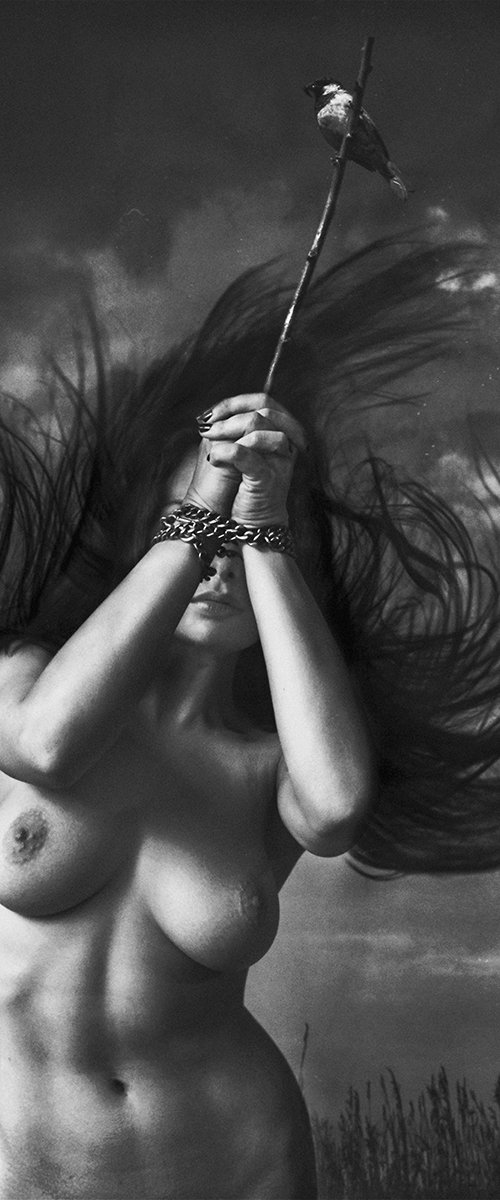 Woman in chains, 100x100cm, silver canvas. by Dariusz Klimczak