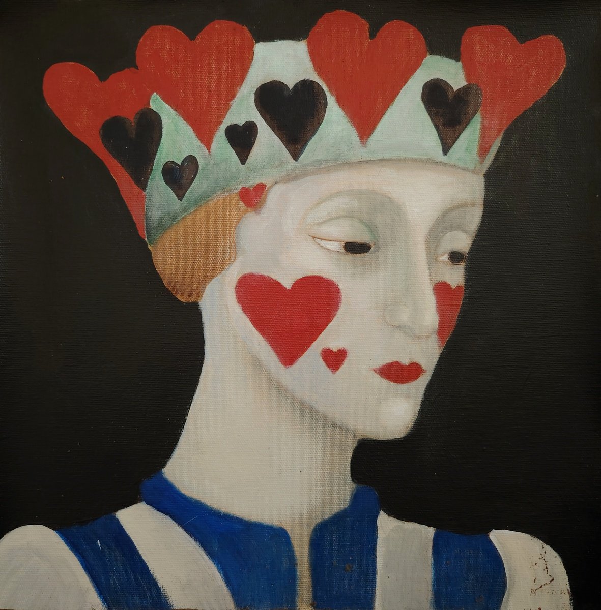 Surrealistic Portrait Painting By Kira K. Sadian, 12 X 12", King Of Hearts. Pensive, Original Artwork