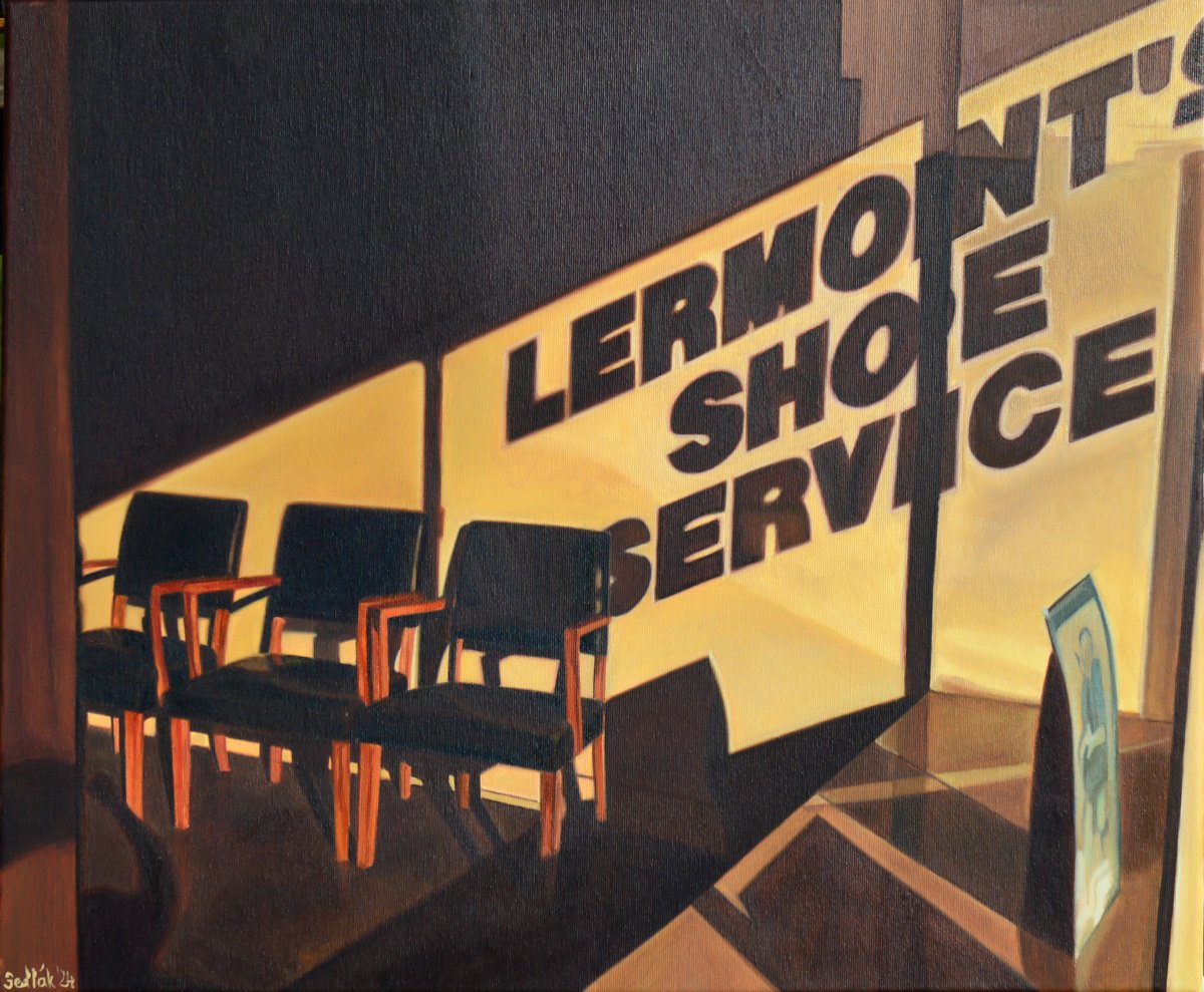 Photorealistic Cityscapes Oil Painting By Roman Sedlak, 24 X 20", Shoestore, Original Artwork