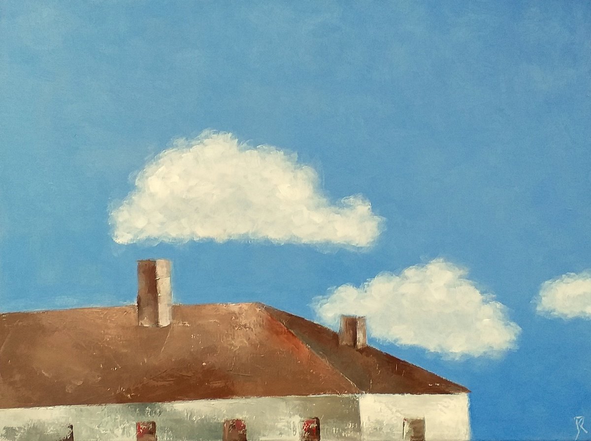 Abstract Cityscapes Oil Painting By Kestutis Jauniskis, 16 X 12", The Roof Of The House, Original Artwork