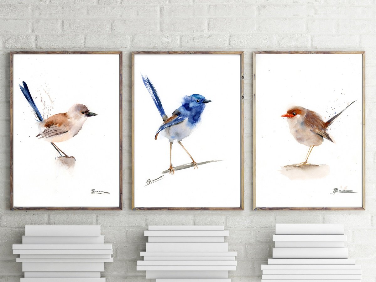 Impressionistic Animal Watercolour By Olga Tchefranov (Shefranov), 21 X 10", Wrens - Triptych, Original Artwork