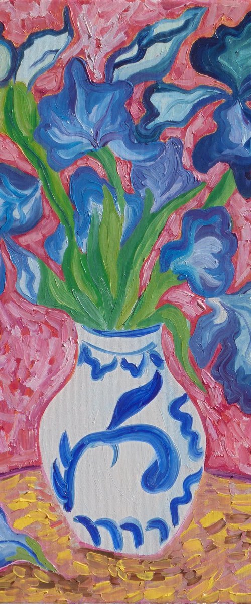 Irises in Chinese Vase 3 by Kirsty Wain