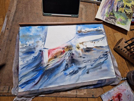 «Cutting the waves» (yacht in watercolor)