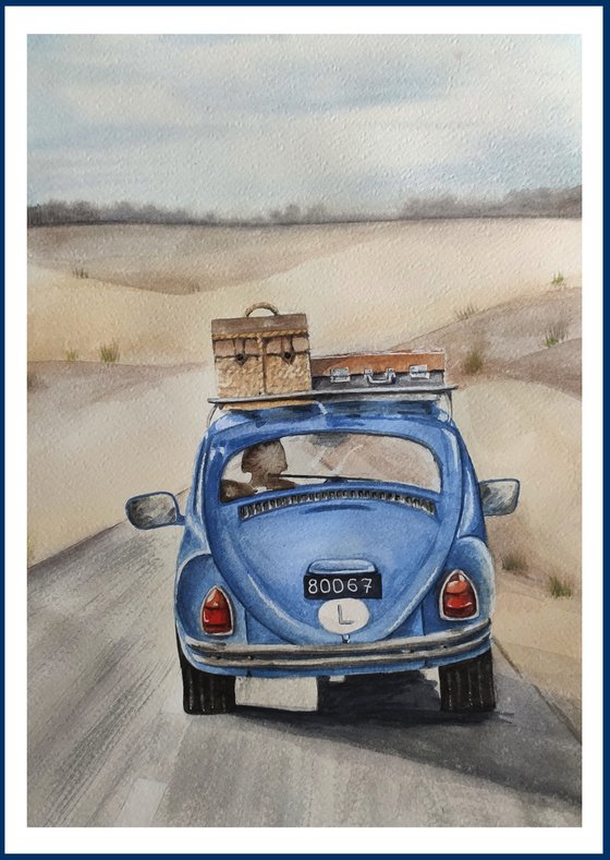 Love to travel. Blue car and suitcases on road watercolor painting on paper. Original artwork by Svetlana Vorobyeva