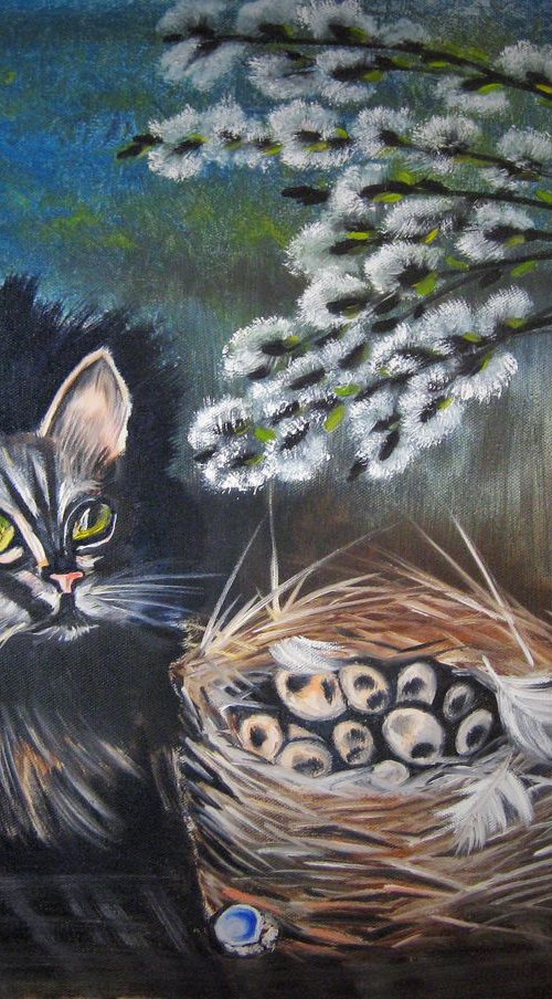 Easter Cat. Original Oil Painting on Canvas. 18"x 24". 46 x 61 cm. by Alexandra Tomorskaya/Caramel Art Gallery