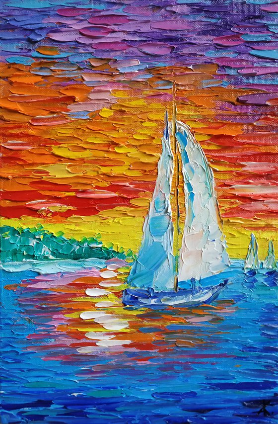 Lovely sunset - boat's sunset, oil painting, sea life, sky painting