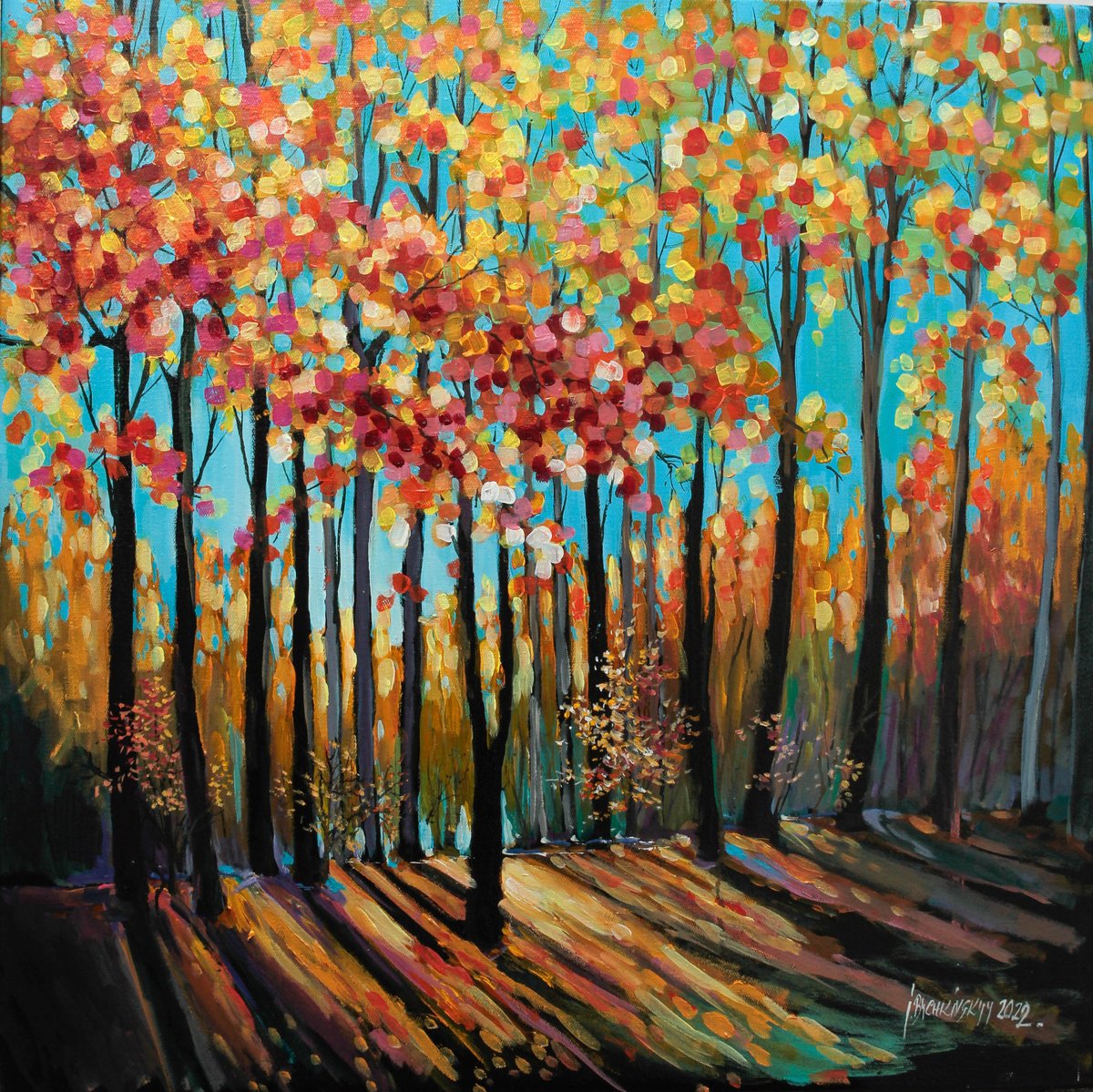 Expressive Landscape Acrylic Painting By Ihor Bychkivskyy, 31 X 31, Autumn Silence, Original Artwork