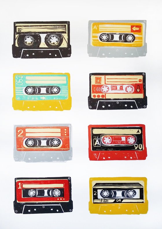 Linocut tapes #49 (cassette tapes, retro music, 70's, 80's rock culture)