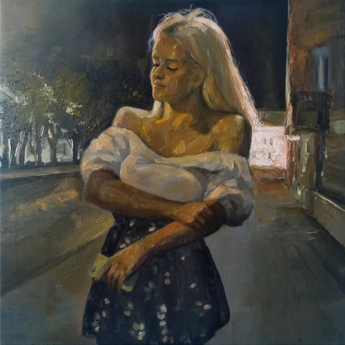 The peaceful evening 50x50cm ,oil/canvas, impressionistic portrait by Kamsar Ohanyan