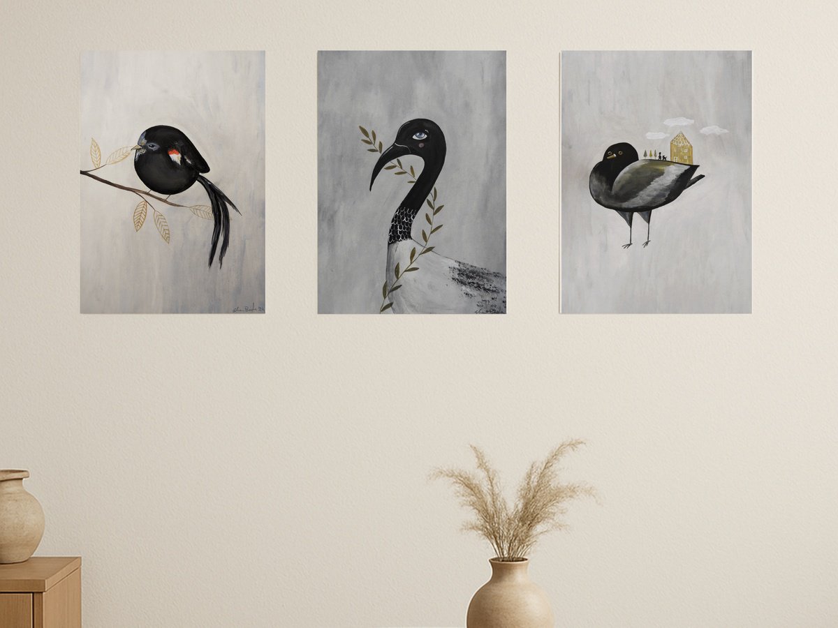 Illustrative Portrait Oil Painting By Silvia Beneforti, 25 X 12", Birds, Set Of 3, Original Artwork