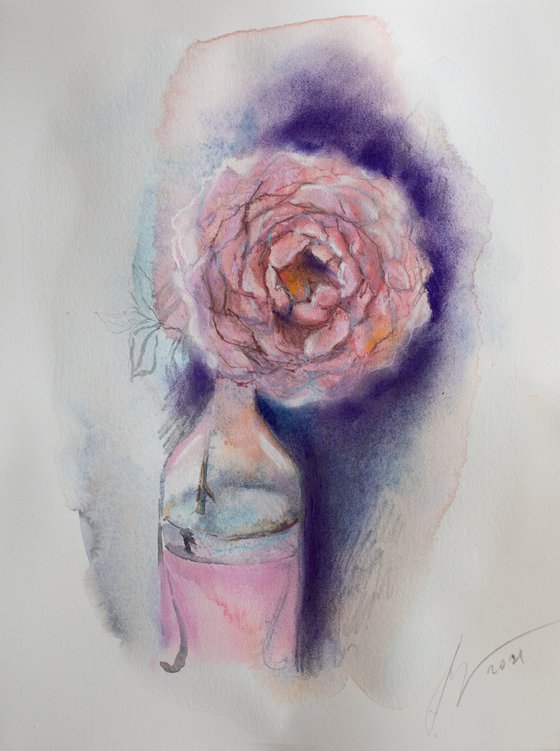 Shining pink rose on violet - mixed media
