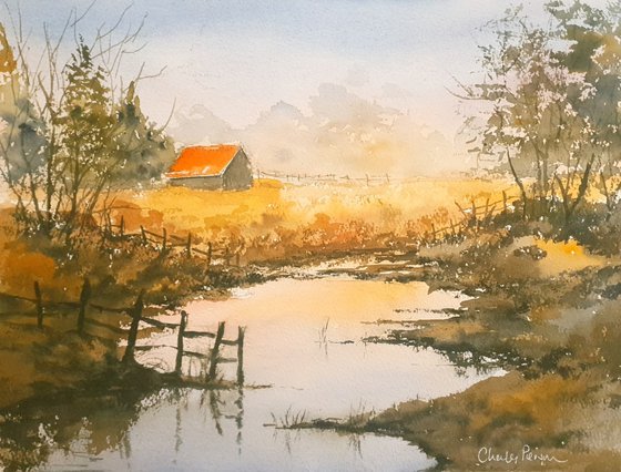 Barn and Stream Reflections, Early Morning