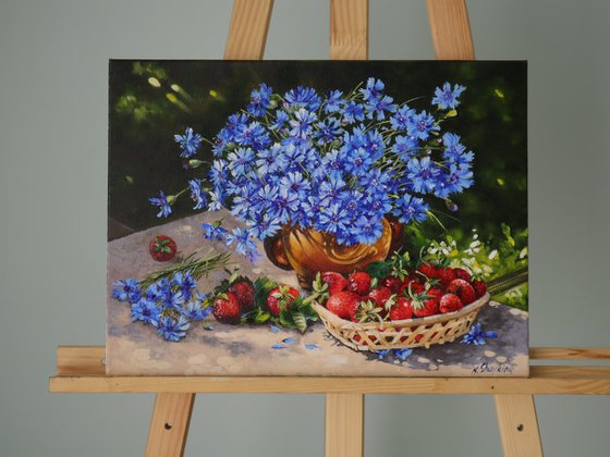 Blue Cornflowers with Strawberries
