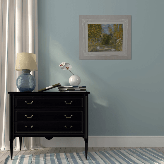 Swans on a serene forest lake