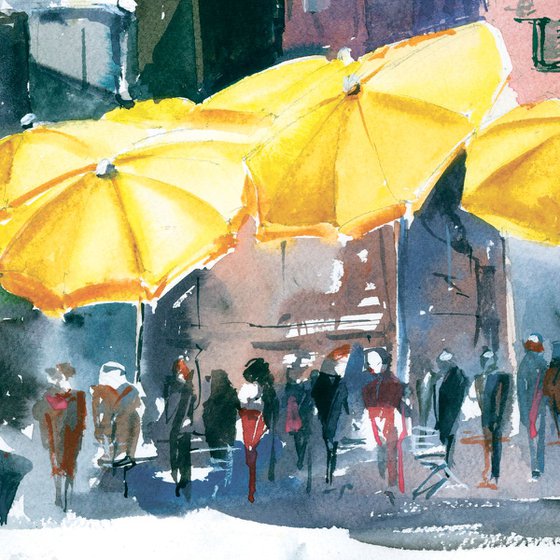 Umbrellas in Vernazza, Italy. Original watercolor. Italy travel yellow blue medium small size landscape view sea seaside cost
