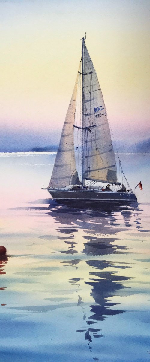 Yacht in the sea at sunset #4 by Eugenia Gorbacheva