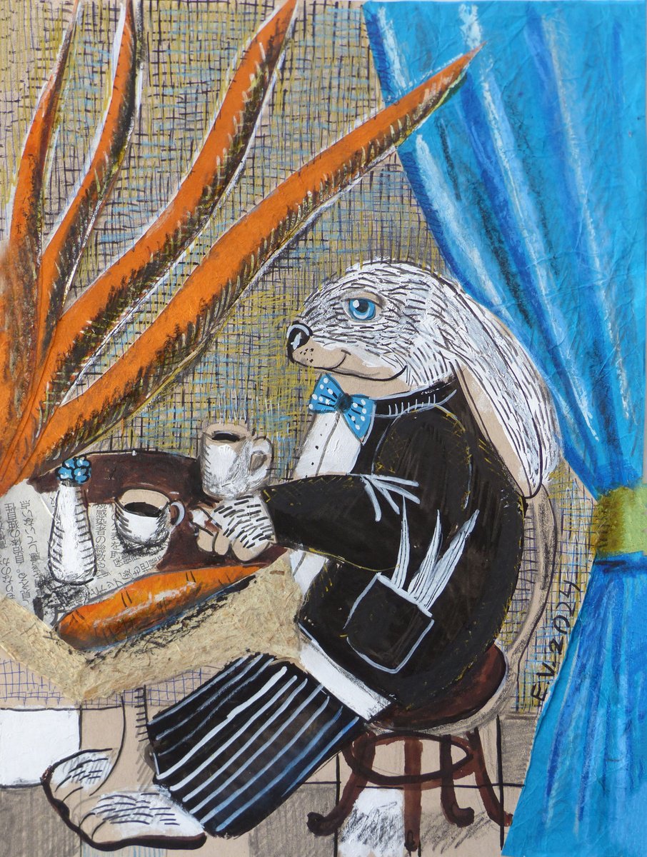 Naive Animal Painting By Elizabeth Vlasova, 9 X 12, Mr. Hare At Breakfast, Original Artwork