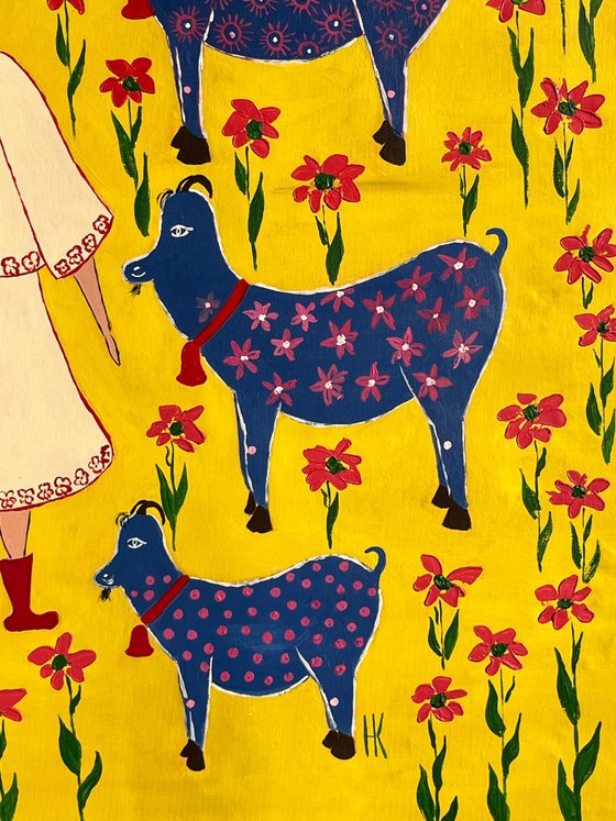 Woman Goats Original Painting