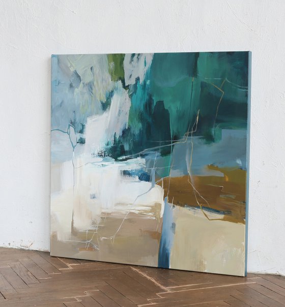 "Influence 2" Abstract teal green acrylic art