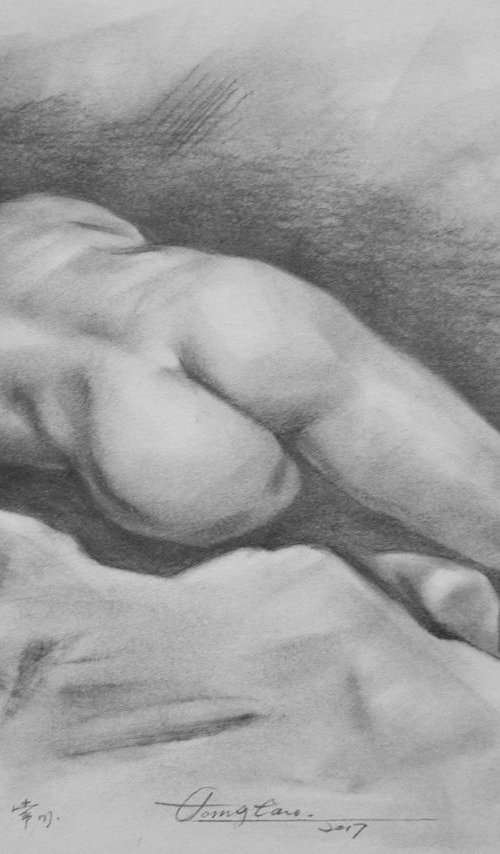 Drawing charcoal male nude on paper#17229 by Hongtao Huang