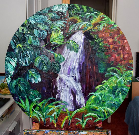Tropical Round Oil Painting, Waterfall Large Original Canvas Art, Monstera Wall Art
