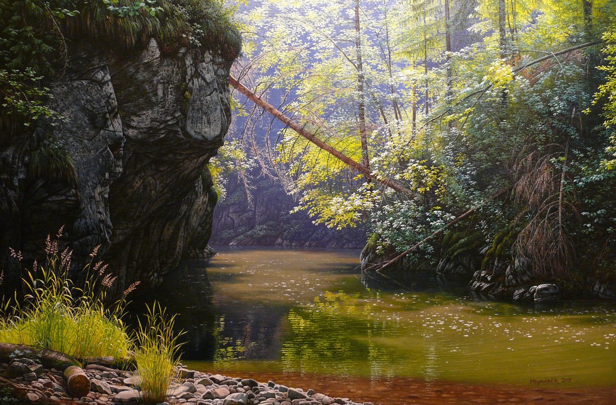 Photorealistic Landscape Oil Painting By Mlynarcik Emil, 35 X 24", Mystical Mountain River, Original Artwork