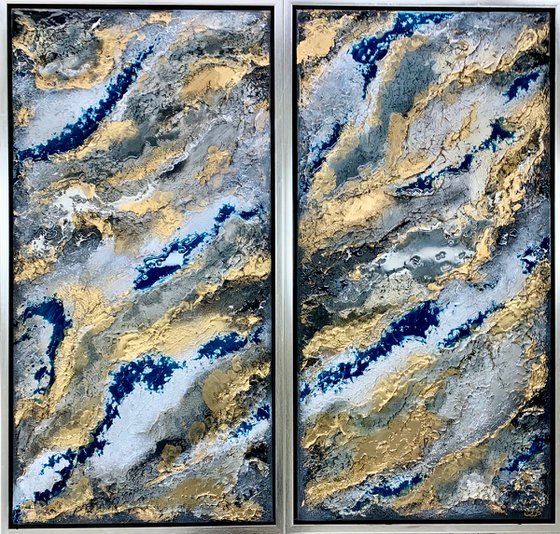 The Way Of Water - framed  Textured Abstract Diptych