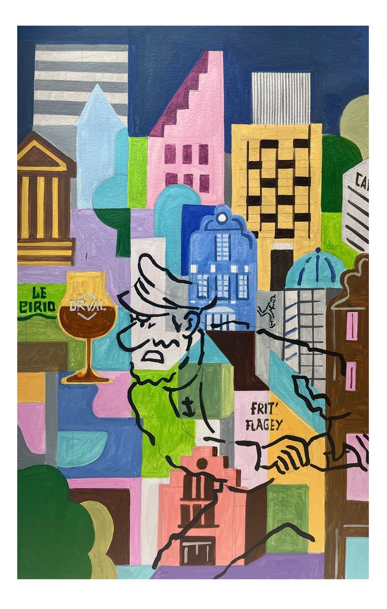 Urban And Pop Cityscapes Acrylic Painting By Andre Baldet, 13 X 19, Brussels-02, Original Artwork