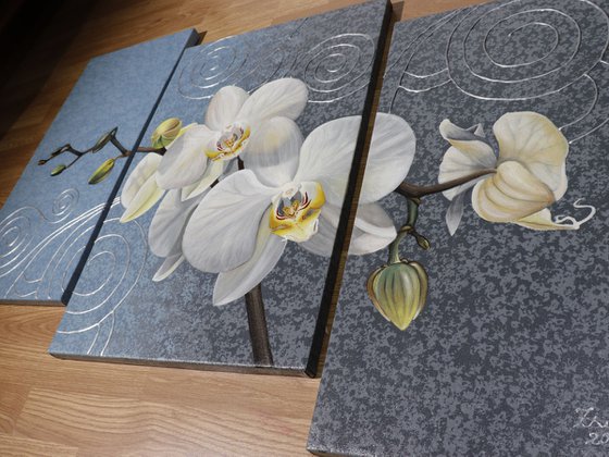 WHITE ORCHIDS  acrylic painting on canvas, 3 piece set