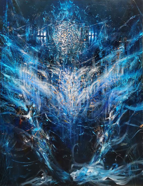 Large XXL enigmatic metaphysical blue abstract angel composition by master KLOSKA by Kloska Ovidiu