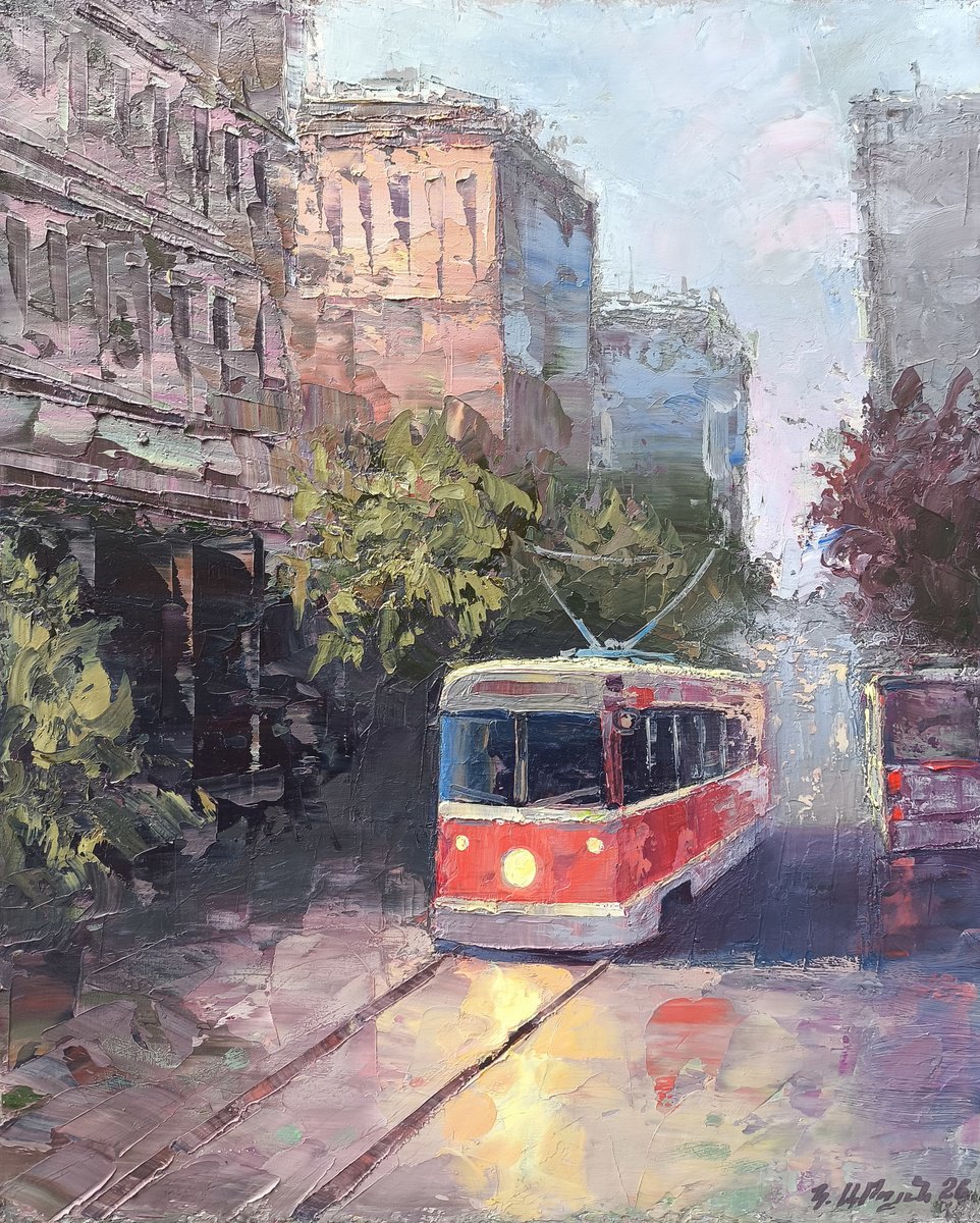 Red Tram Through The City By Kamo Atoyan, 16 X 20, Artwork For Sale On Artfinder