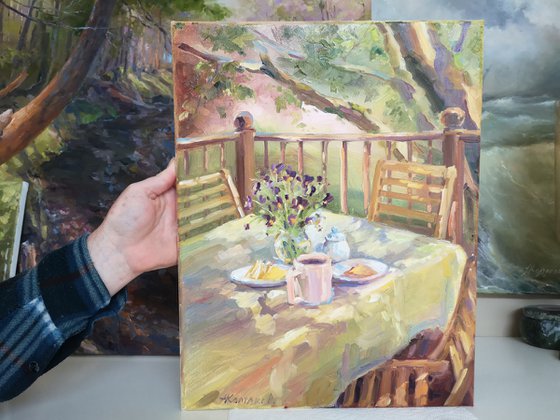Summertime breakfast,  plein air, original one of a kind oil on canvas painting (14×18")