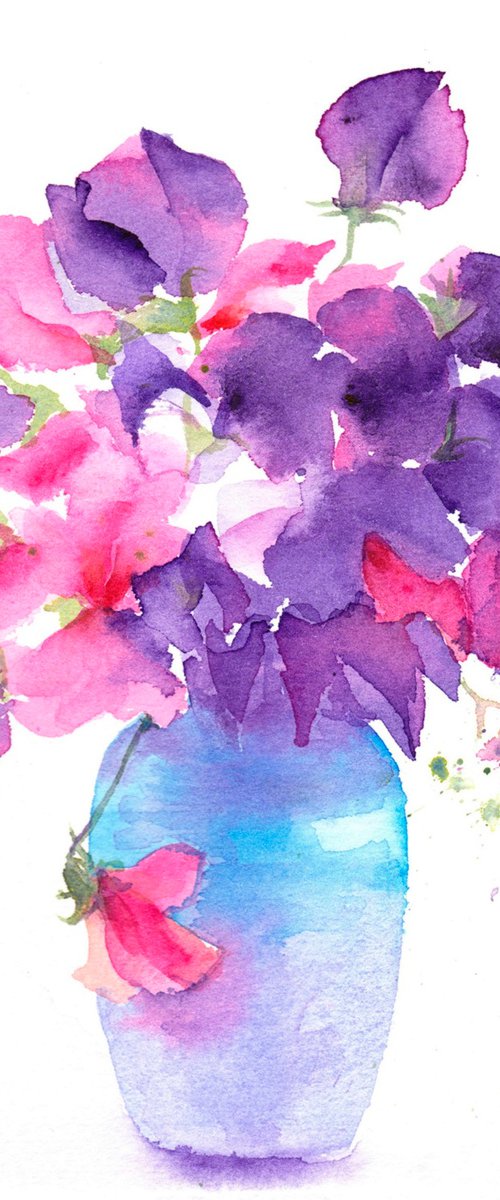 Sweetpeas in blue vase by Anjana Cawdell