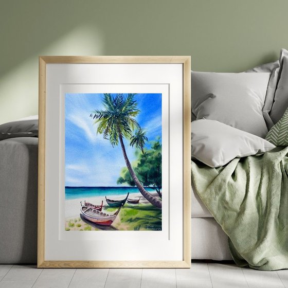 Coastal Harmony watercolor painting, original coastal painting,  blue sea painting with palms