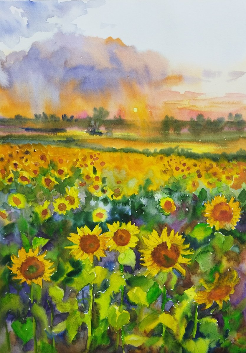 Impressionistic Landscape Watercolour By Ann Krasikova, 14 X 19, Dance Of Sunflowers At Sunset, Original Artwork