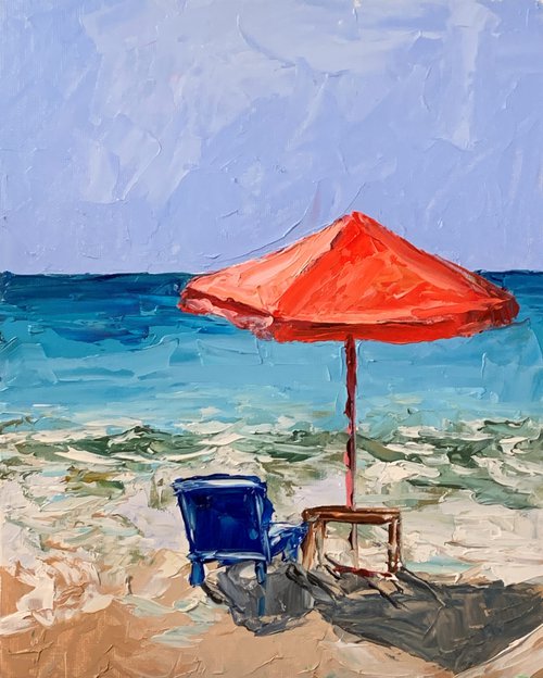 Red parasol on the beach. by Vita Schagen