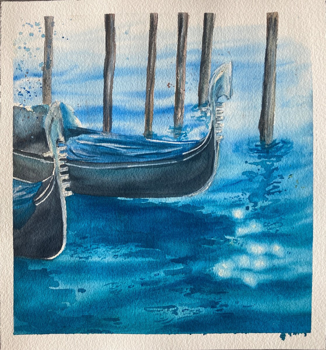 Impressionistic Landscape Watercolour By Valeria Golovenkina, 9 X 10", Gondola Polyptych #4, Original Artwork