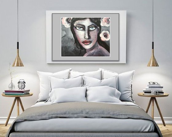 All In Her Eyes Face Portrait of Woman Large Canvas Artwork Paintings Portraiture Girl Flowers Roses Art For Sale 40x50cm Gift Ideas Free Delivery Worldwide