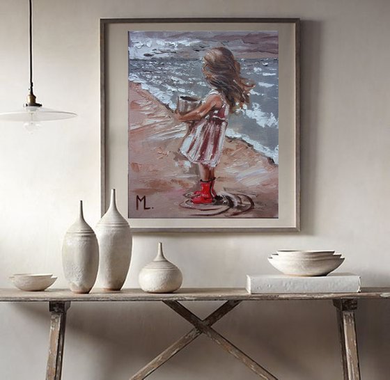 " GIRL WITH A RED RUBBER BOOTS " original painting palette knife GIFT MODERN URBAN ART OFFICE ART DECOR HOME DECOR GIFT IDEA