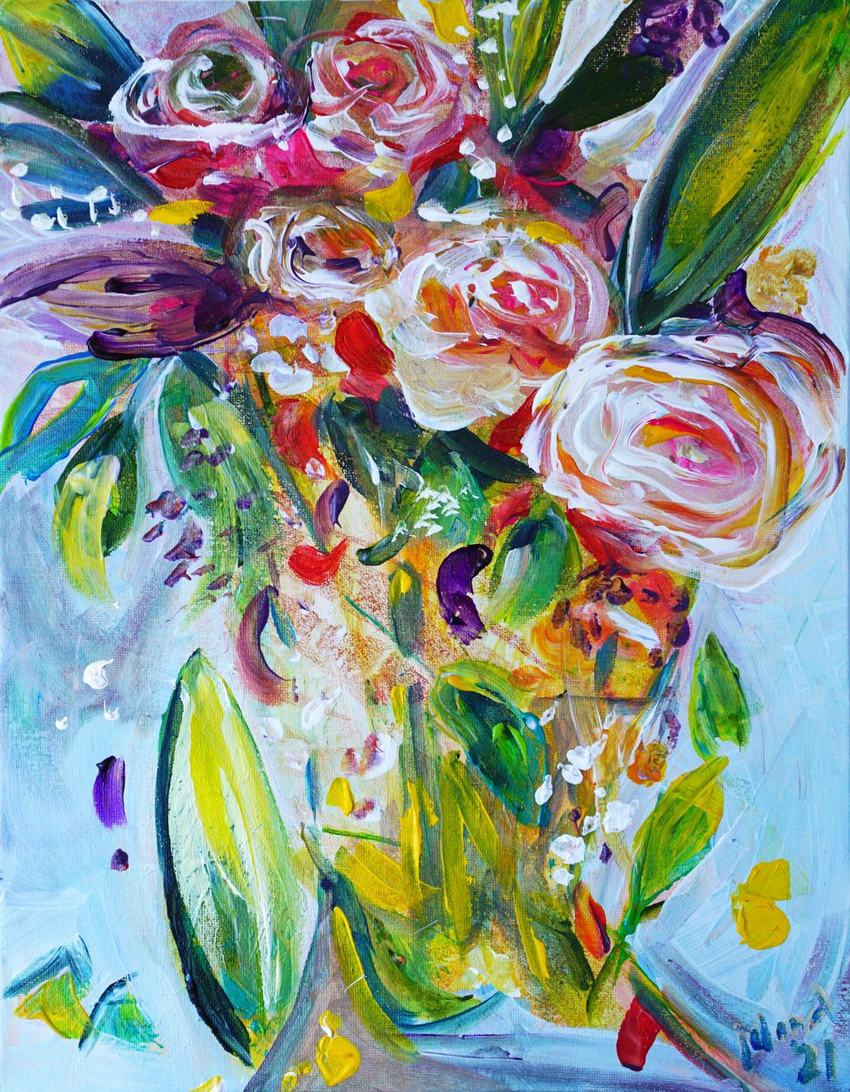 Abstract Botanical Acrylic Painting By Jelena B, 11 X 14, Flowery Joy 21, Original Artwork