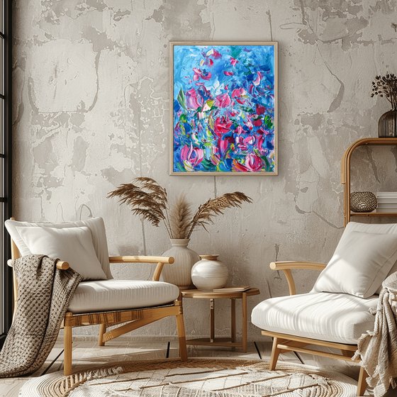 Blue Pink Floral Painting