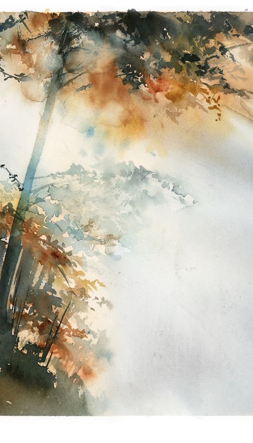 Autumnal forest, Light rays in a Morning fog Watercolor Painting by Sophie Rodionov